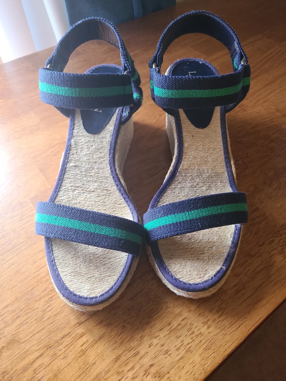 Lauren Ralph Lauren Navy and Green Striped Espadrille Wedges
